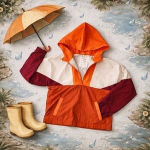 Cat & Jack Hooded Colorblock Rain Jacket, Orange Cream Burgundy, Size M (8/10)